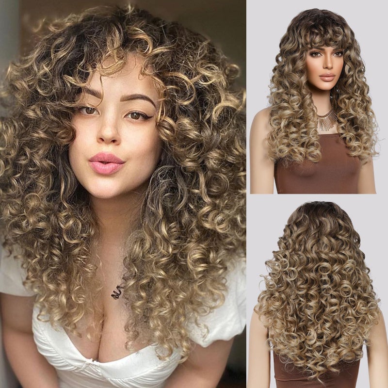 باروكة لوناي المجعدة مع غرة للنساء باروكة كيرلي شقراء عسلية طويلة مع غرة WIG006 باروكة صناعية مجعدة للاستخدام اليومي حفلات كوسبلاي أومبري شقراء عسلية